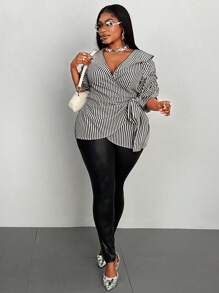 Maweii Plus Size Women Striped Tie-Front Short Sleeve Casual Blouse