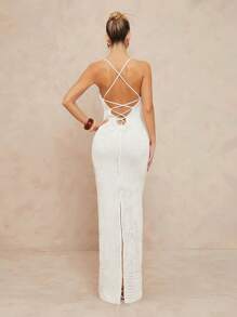 Lumalex Vestido ajustado con espalda al aire, cuello de camisa y textura perforada para mujeres