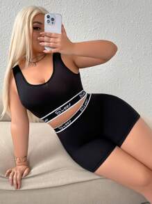 SHEIN 2pcs/Set Contrast Color Comfortable Stretchy Plus Size Lingerie Set - Black - View 5