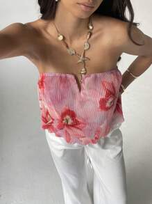 Aloruh Women Elegant Floral Print Bandeau Top, Summer