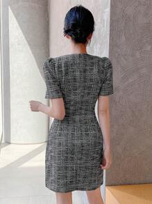 DAZY Women's Elegant Plaid Round Neck Short Sleeve Mini Dress, Summer Elegant - Black - View 6