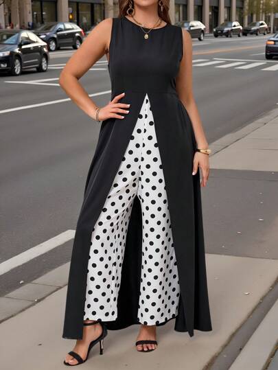 SHEIN Clasi 加大码优雅撞色波尔卡圆点印花连体裤优雅礼服女式晚礼服婚礼宾客女式新娘送礼会礼服白色夏季女式服装