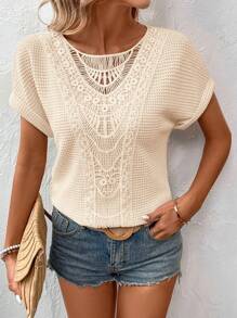 SHEIN LUNE Women's Round Neck Drop Shoulder Lace Patchwork Textured Waffle Pattern Casual Vacation T-Shirt, Summer - Apricot - View 5