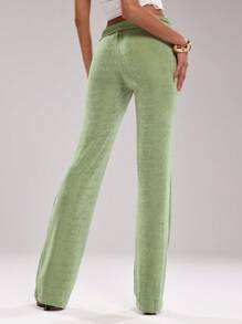 SHEIN BAE Women's Fashion Solid Color Twist Waist Long Pants, Suitable For Commuting - Mint Green - View 2
