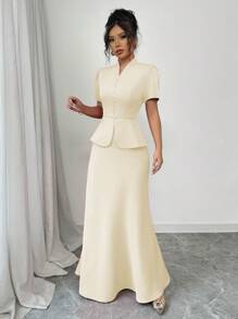 SHEIN Unity 2pcs Women Chinese Style Backless Tie Shirt & Solid Color A-Line Skirt Set - Apricot - View 6