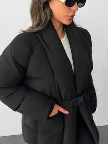 EURMUSE Manteau rembourré avec ceinture épaisse, poches, manteau d'hiver matelassé pour femme - Noir - Voir 4