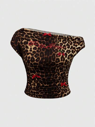 J-Fashion Plus Size Cherry Leopard Print "Cherry Bomb" Embroidery T-Shirt