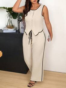 SHEIN Frenchy Conjunto de 2 piezas de talla grande con chaleco y pantalones rectos con bloques de color y ribetes para uso casual y de oficina - Albaricoque - Ver 5