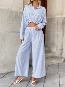 SHEIN LUNE Mono casual de mujer con mangas enrolladas, abotonado sencillo, corte en la cintura y diseño de abertura - Azul y blanco - Ver 4