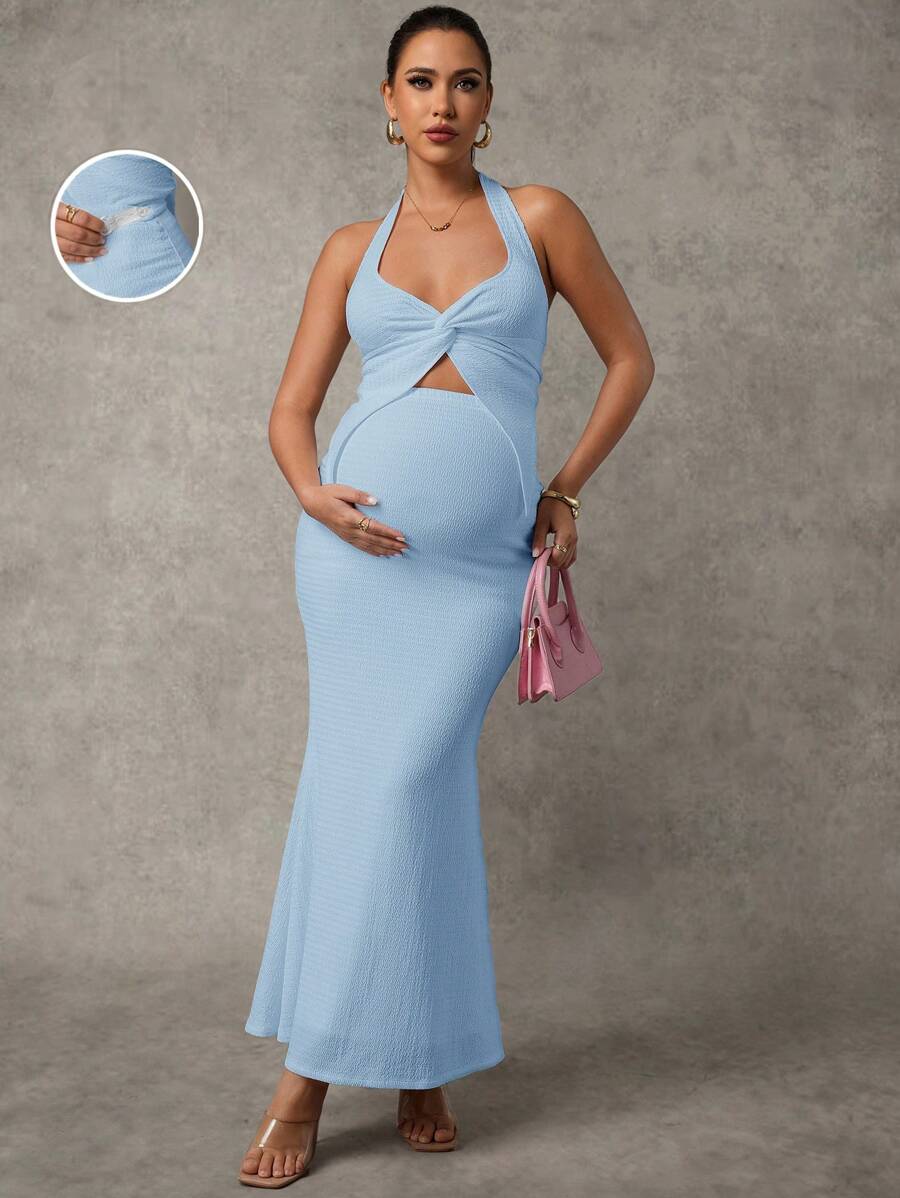 MaterniChic 2pcs/Set Solid Color Maternity Twist Front Sleeveless Tank Top And Adjustable Waist Midi Skirt Set Baby Shower Maternity Dress For Photoshoot - Blue - View 1