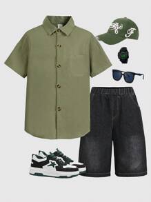 SHEIN Tween Boy Olive Green Back Letter Print Short Sleeve Shirt - Army Green - View 7