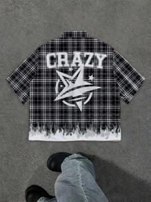 Manfinity EMRG Nuova camicia stampata con grafica di slogan a scacchi a fiamma per primavera/estate, stile casual di strada