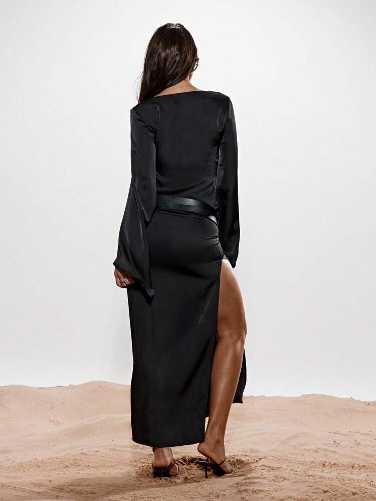 KIZN Satin Plunge Neckline Maxi Dress With Bell Sleeve And Belt