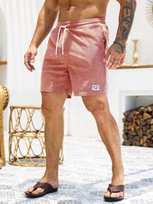 Manfinity Homme Loose Fit Men's Letter Patched Detail Drawstring Waist Shorts, Corduroy, Fall/Winter - Dusty Pink - View 6