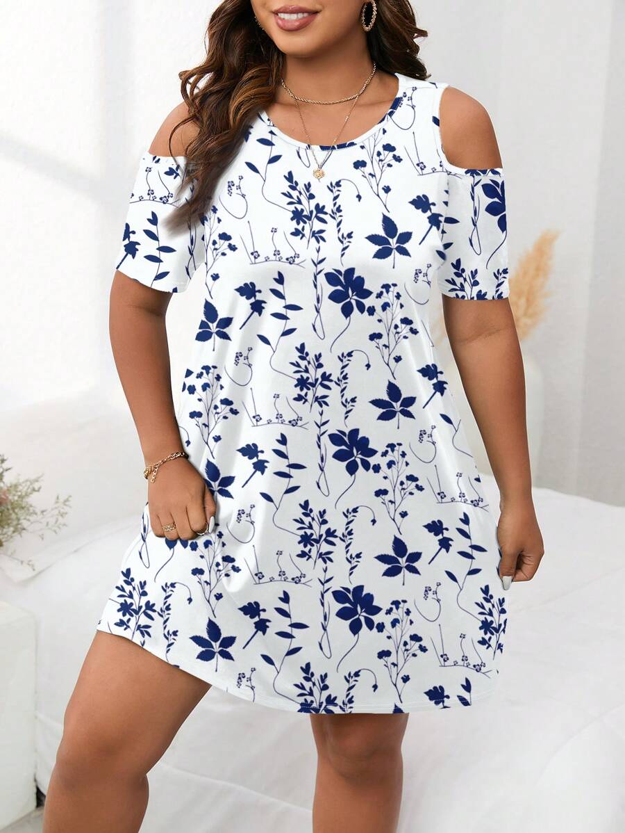 EMERY ROSE Abito casual minimalista con stampa floreale blu su tutto, scollo aperto, maniche corte, aderente, taglie comode, abito da spiaggia, abito da sole, outfit da vacanza in stile boho
