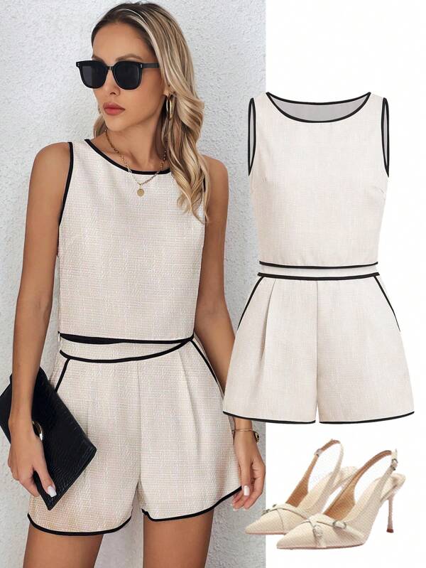 SHEIN Clasi Conjunto de mujer minimalista en blanco con ribete de contraste, elegante y adecuado para el verano
