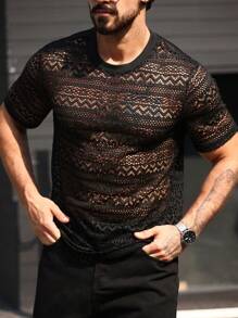 Manfinity Homme Plus Size Men's Hollow Design Round Neck Short Sleeve Fashionable T-Shirt - Black - View 5