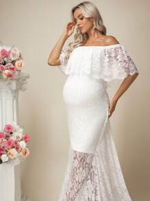 SHEIN Váy đuôi cá trễ vai ren trơn màu thanh lịch cho bà bầu, váy cưới - trắng - Xem 3