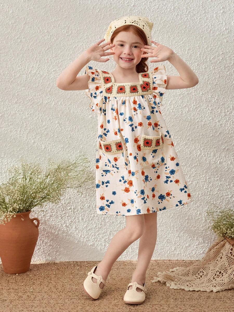 Blossori Kleine Mädchen Französischer eleganter gelber Blumenkleid, Ärmellos, Frühling/Sommer - Verschiedenfarbig - Übersicht 1