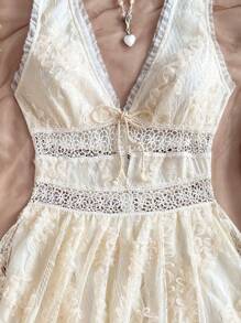 Soleia Dress For Women,Summer Dresses For Women,Western Wear Women,Graduation Dress,Boho,Floral Dress Women,Concert Outfit Women,Graduation Dress,Rave Outfits Festival,Cruise Attire Women,Birthday Dresses For Women,Easter Dress Women,Vacation Romantic Floral Lace Patchwork V-Neck Bowknot Front Waist Ruffle Hem Mini Dress For Women