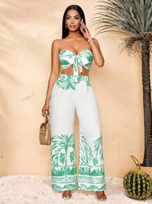 SOLERSUN Summer Women's Clothing, Casual Vacation, White Background Orange Flowers, Sleeveless Tube Top, Front Center Tie, Back Pleated Top, Loose Wide-Leg Pants Suit, Woven Two Pieces Suit