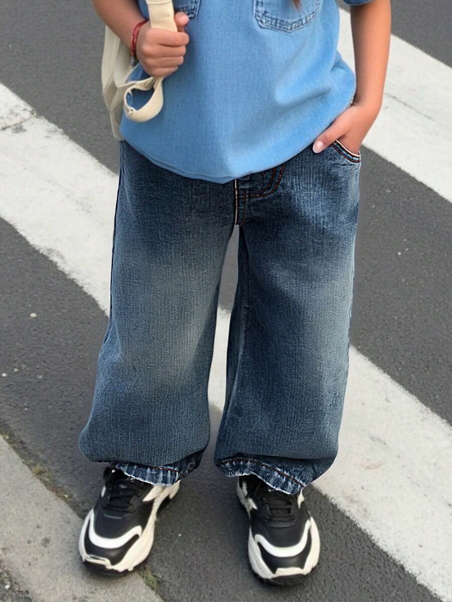 Boys' Vintage Washed Loose Elastic Pocket Wide Leg Jeans - Dark Wash - View 1