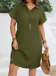 EMERY ROSE Plus Size Women Summer Lapel Boho Straight Blue Short Sleeve Dress