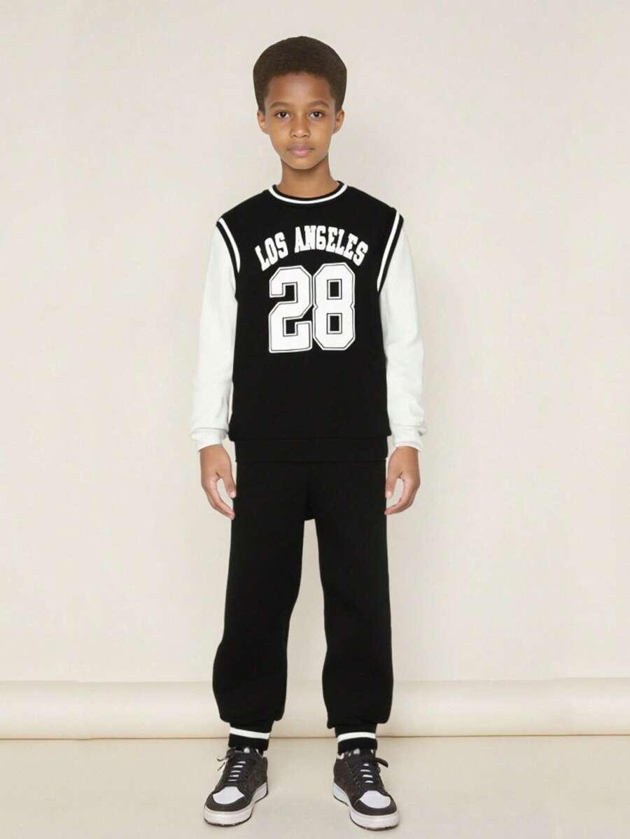 SHEIN Tween Boy Letter Graphic 2 In 1 Pullover & Sweatpants - Black and White - View 1