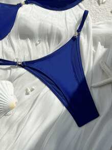 SHEIN Swim Women's Sexy Pearl Decor Drawstring Beach Bikini Set, Suitable For Vacation For Summer - Navy Blue - View 3