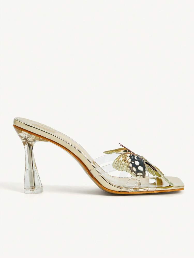CUCCOO CHICEST Women's Clear PVC Butterfly Decor Open Toe Transparent High Heel Slide Sandals, Square Toe Gold