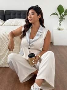 SHEIN Frenchy 大码女式条纹破洞翻领背心和裤子套装 - 卡其色 - 查看 7