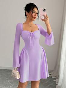 Selianne Neues Damen Mesh Patchwork Kleid mit geraffter Taille und Schleife am Kragen, A-Linie, tailliert, modisch, vielseitig, jung, elegant, sexy, Mini-Kleid - Violett - Übersicht 7