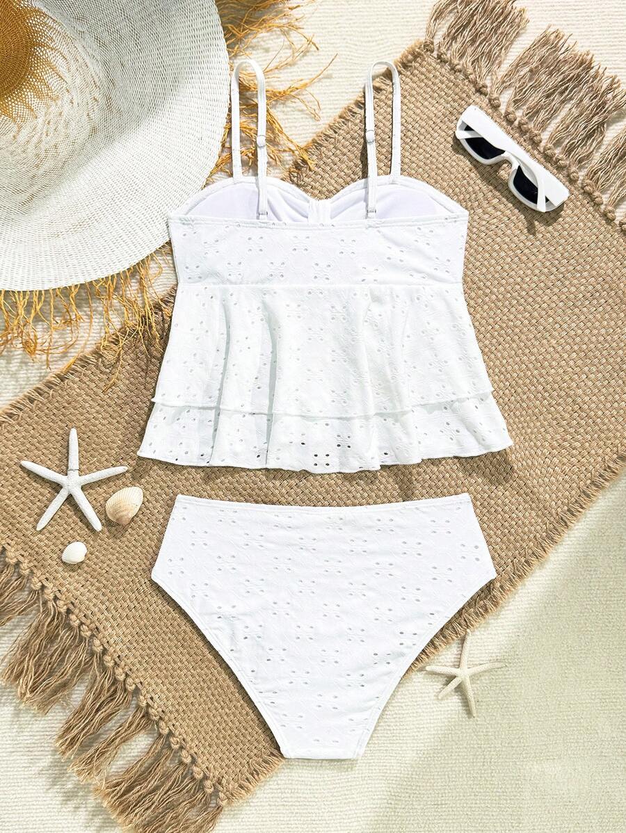 2pcs Teen Girl Beach Holiday Style White Hollow Ruffled Tankini Swimsuit Set - Multicolor - View 1