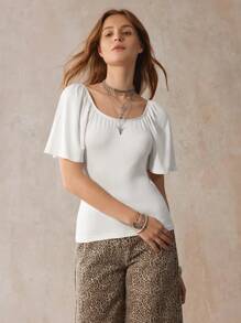 SHEIN LUNE Summer White Ruffled Puff Sleeve Form-Fitting T-Shirt, Western Rustic Romantic Vacation Topwear - White - View 2
