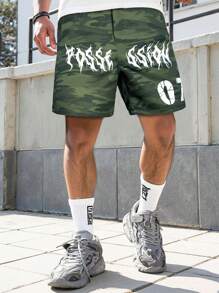 ROMWE MEN Prep 男士时尚印花装饰休闲迷彩短裤 - 軍綠色 - 查看 4