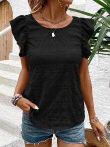 EMERY ROSE Vacation Casual Solid Color Flutter Sleeves Criss-Cross Back Blouse - Black - View 4