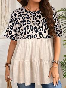 EMERY ROSE Camiseta de manga corta con estampado de leopardo y parches en gris para mujer talla grande - Caqui - Ver 3