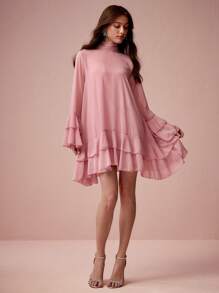 Enchnt 女士优雅纯色荷叶边喇叭袖连衣裙 - 粉色 - 查看 7