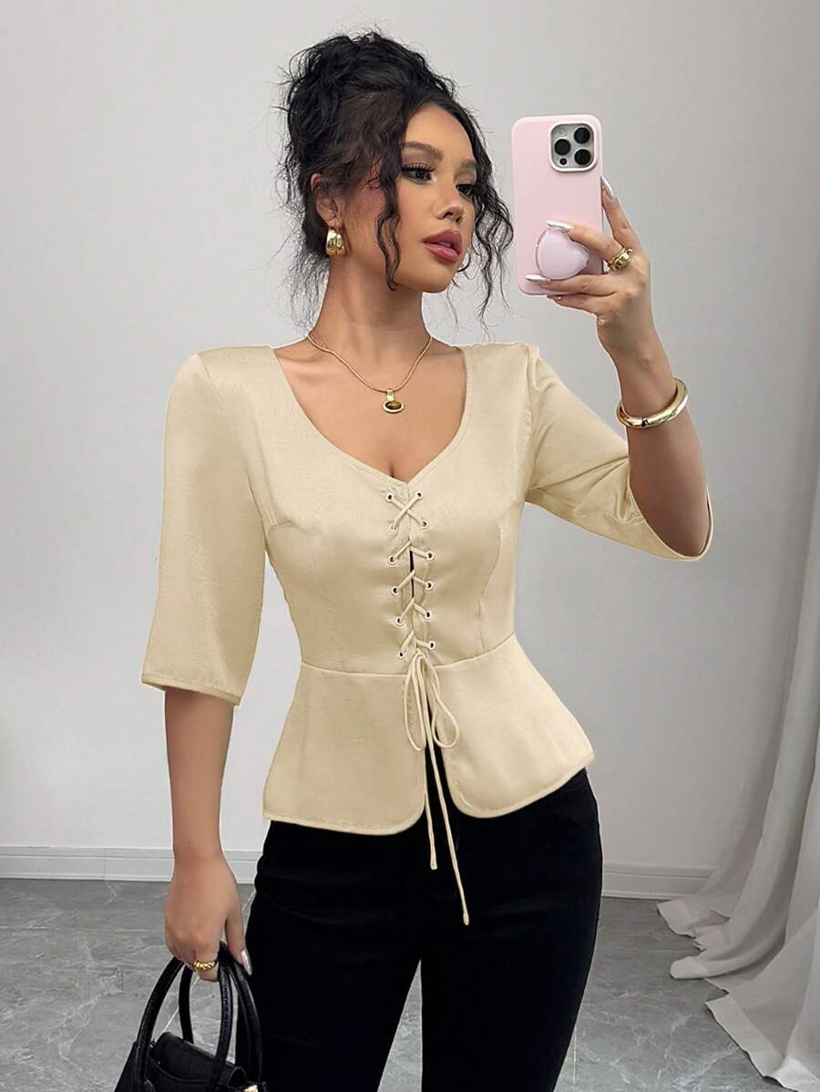 Elenzga Front Knot Short Sleeve Waist Patchwork Heart-Shaped Collar Refined Minimalist Women Blouse, Spring/Summer - Apricot - View 1