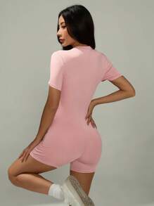 SHEIN PETITE Women's Casual Pink Knitted Unitard With Stand Collar, Short Sleeves, And Zipper Detail - Pink - View 2