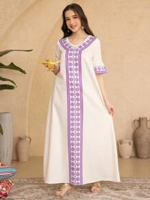 V-Neck Loose Long Dress With Short Sleeves For Teenage Girls, Summer - Multicolor - View 3
