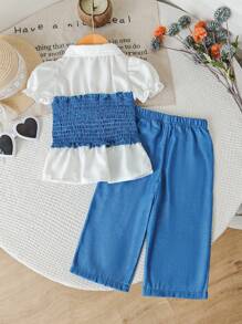 2pcs/Set Baby Girl Spring Summer Elegant Chiffon Mock-Neck Sleeveless Top & Wide-Leg Pants Outfit - Blue - View 2