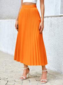 SHEIN Privé Falda elegante plisada de cintura elástica de unicolor para el trabajo diario de las mujeres