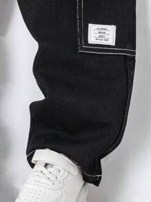 YOUNG BOYS Classic Black With White Stitching Loose Straight Leg Jeans, Dual Side Pockets, Graphic Hem Design, Casual School Style Boys Long Pants - Black - View 5