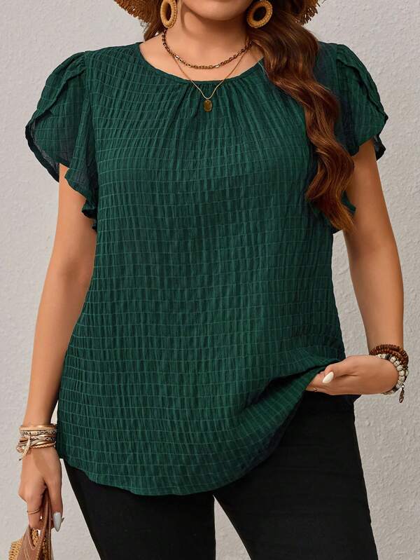 EMERY ROSE Camisa feminina plus size de manga com babados azul no início da primavera