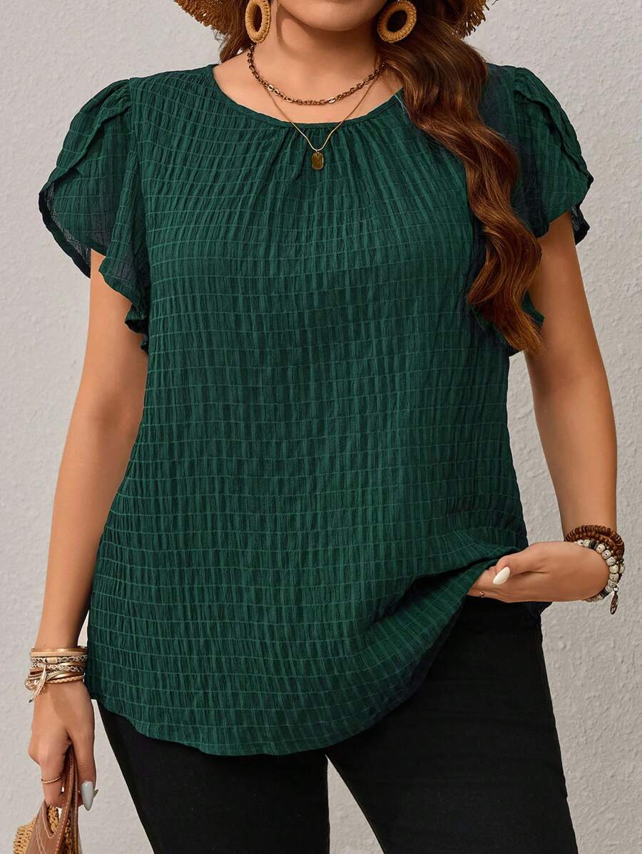 EMERY ROSE Plus Size Women's Early Spring Blue Ruffled Sleeve Shirt Green