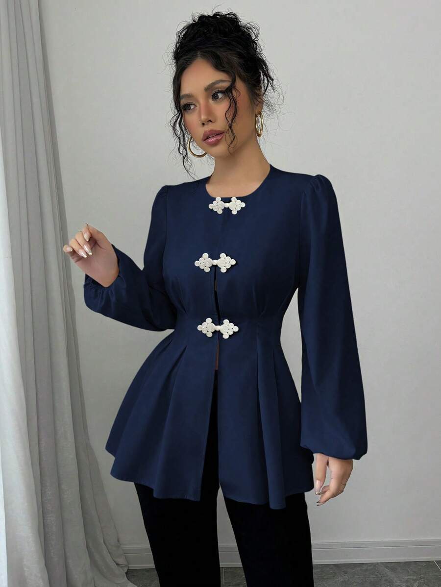 Elenzga 长袖镂空中国结系腰长衬衫 - 藏蓝色 - 查看 1