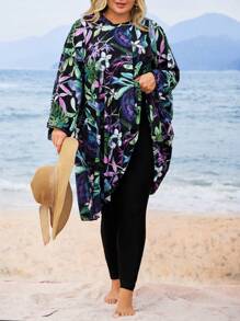 Swim Mulvari Bộ đồ bơi dài rộng rãi in họa tiết hoa cỡ lớn 3 món dành cho nữ, thích hợp cho kỳ nghỉ ở bãi biển - màu đen - Xem 4