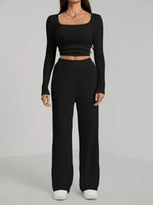 SHEIN Tall 2 件套女士纯色圆领长袖罗纹针织上衣和裤子休闲套装，春/秋 - 黑色 - 查看 6