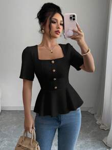 Chiquease Women's Solid Color Square Neck Short Sleeve Shirt, Simple & Fashionable, Suitable For Summer - Black - View 7